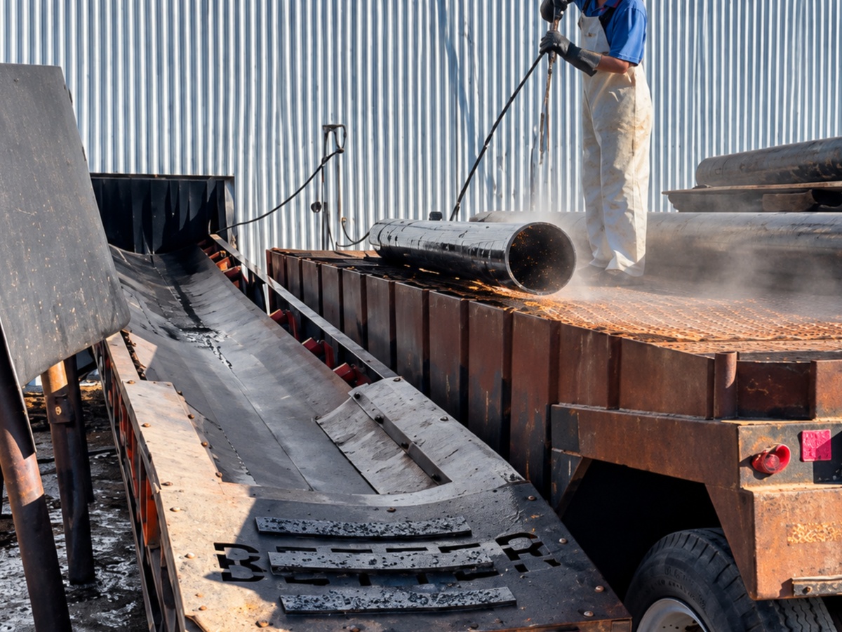 Recovered HDPE pipe being cleaned and inspected